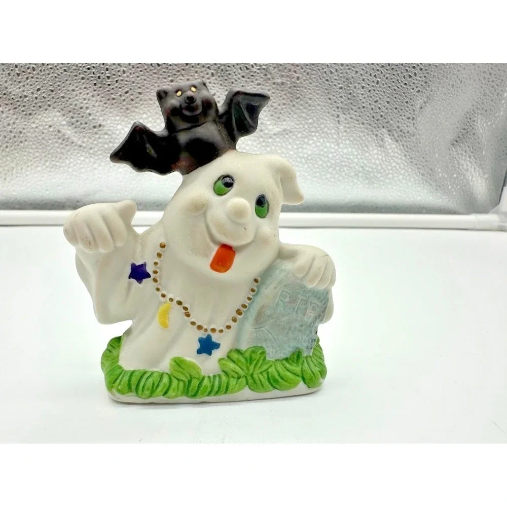 Vintage Ceramic Halloween Ghost with Bat and Tombstone‎ Tea Light Holder 3.25in